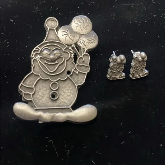VTG Torino Pewter Clown Pierced Earrings Pendant Brooch set 70's - Picture 3 of 4